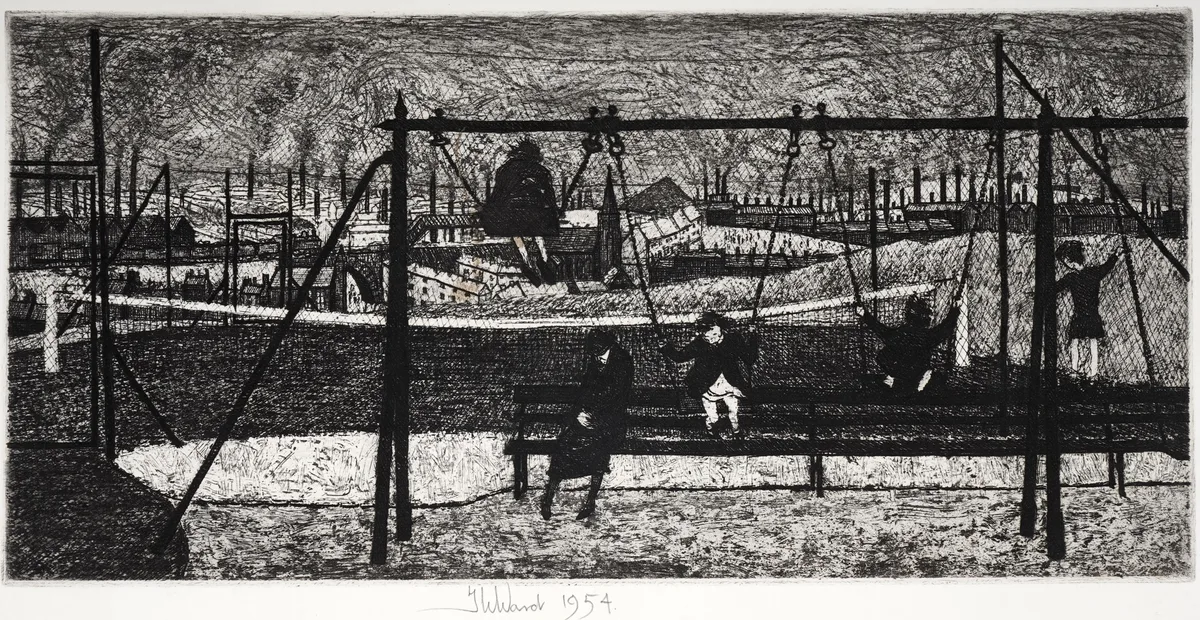 Thomas William Ward, Northern townscape from a playground, pencil signed and dated 1954