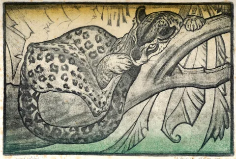 Leopard Watching by Elsie Marion Henderson, pencil signed, titled and dated 1929, sold Jun 2025