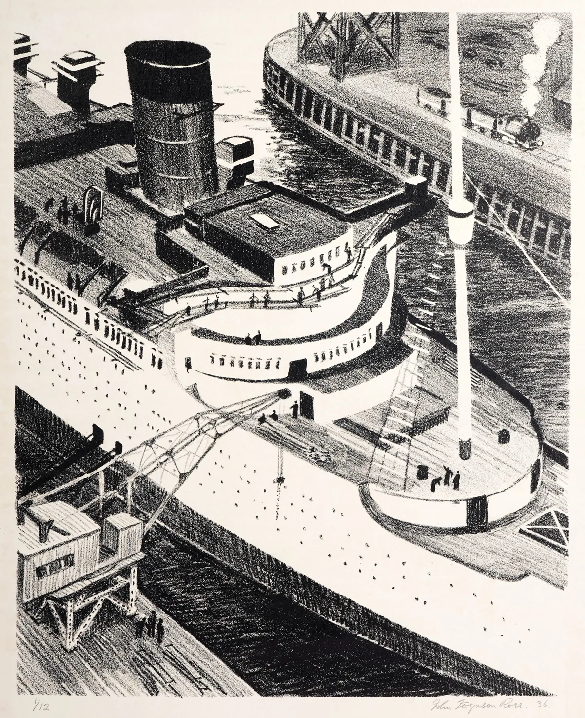 John Ferguson Ross, Ocean liner from above, pencil signed and dated 36