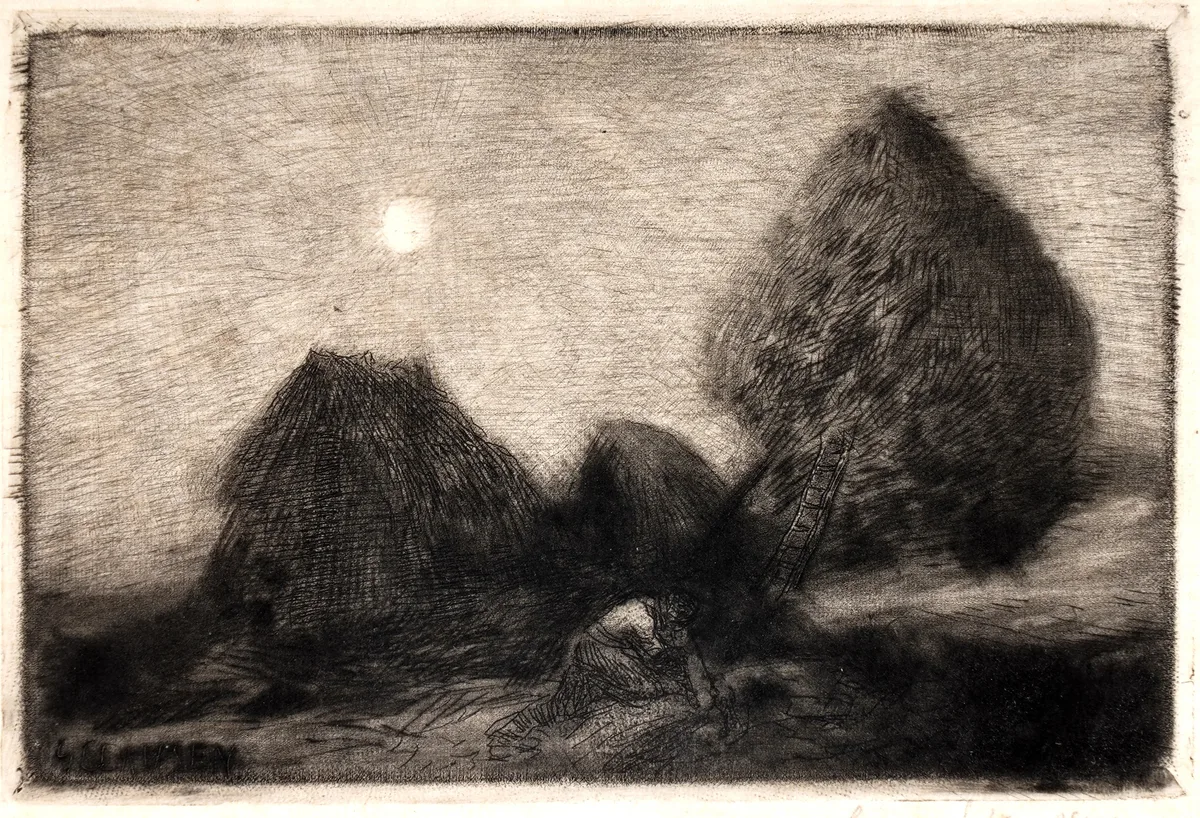 George Clausen, Ricks by Moonlight, etching