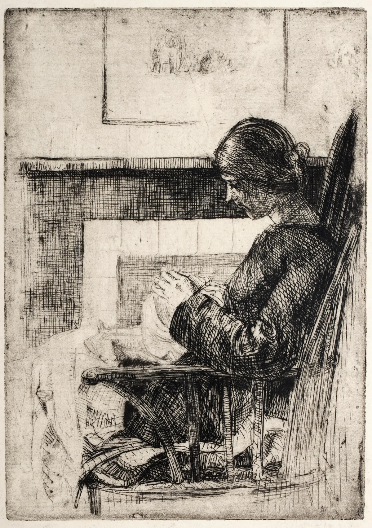 Lilian Whitehead, A woman mending, etching