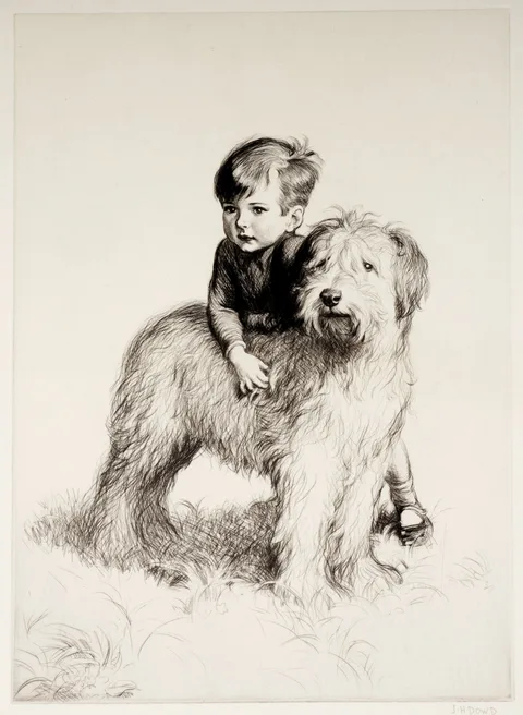 James Henry Dowd, Boy with dog, pencil signed