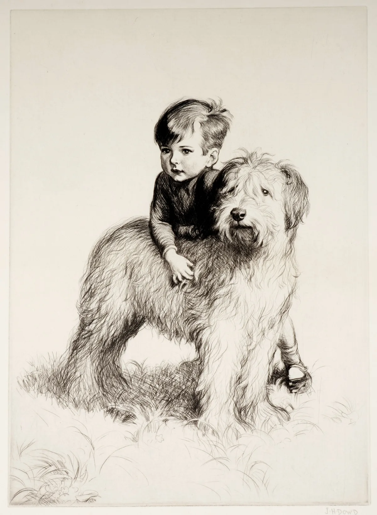 James Henry Dowd, Boy with dog, pencil signed