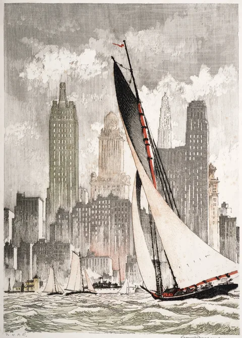 Leon Pescheret, Yachts, Chicago, coloured etching