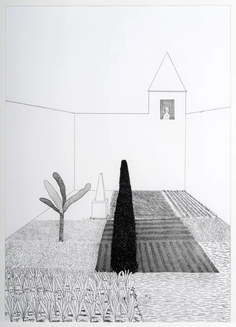 David Hockney, Rapunzel Growing in the Garden, etching