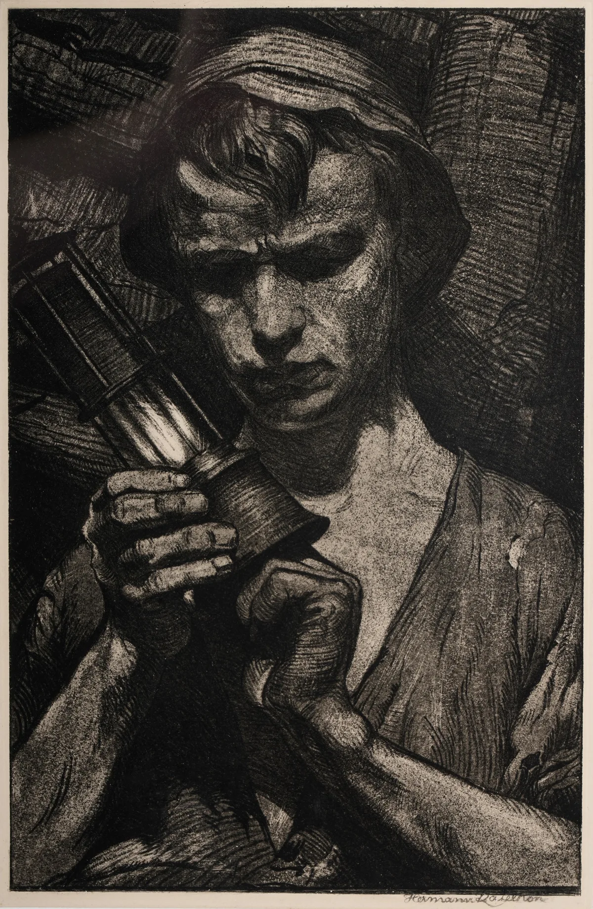 Hermann Kätelhön, Portrait of a young miner with a lamp, lithograph