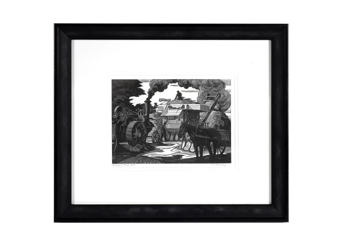 George Mackley, Threshing at Flordon Hall, pencil signed and titled