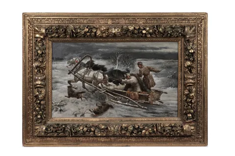 A Winter View with a Horse-Drawn Sleigh and Wolves by Adolf "Constantin" Baumgartner-Stoiloff, oil on canvas, sold Jul 2025