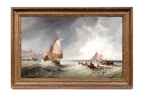 James Wilson Carmichael, Shipping off Macduff, Aberdeenshire, oil on canvas