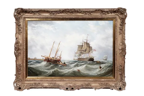 James Wilson Carmichael, British Ship of the Line with a Fishing Boat, oil on canvas