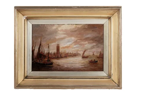 Bernard Benedict Hemy, Fishing boats at North Shields, oil on canvas