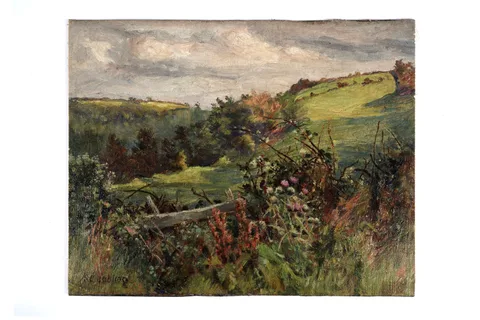 Isa Jobling, Yorkshire Landscape with Wild Hawthorn and Bracken Hedge, oil on board
