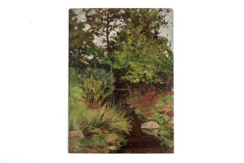 Isa Jobling, View Up a Stream with Pink Hawthorn Blossoming, oil on panel