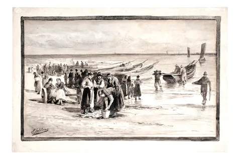 Robert Jobling, Bringing in the Catch, Fisherfolk on the Shore, monochromatic watercolour