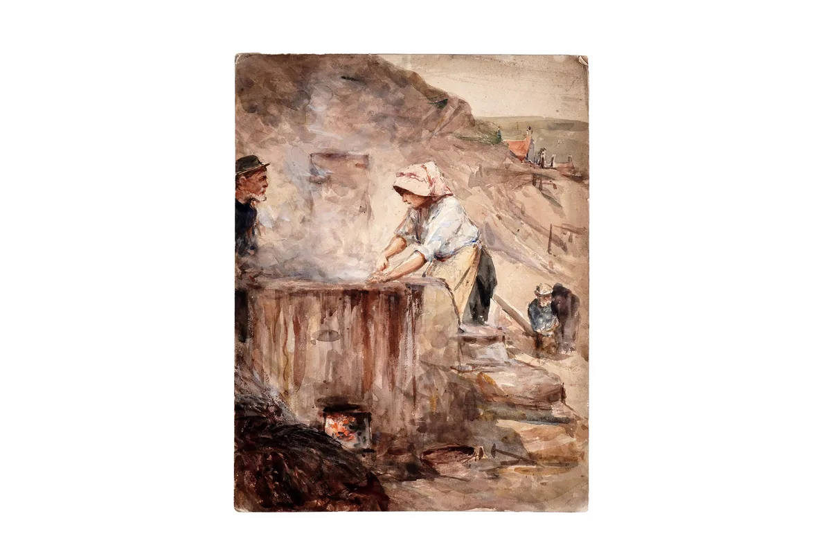 Robert Jobling, Smoking Fishing on the Shore at Staithes, watercolour