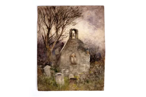 The Belltower of a Countryside Chapel by Joseph Jobling, watercolour, sold Jul 2025