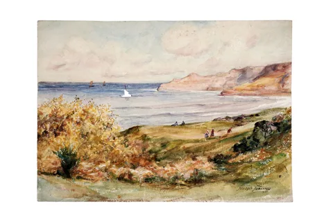 Spring Forsythia on the Banks of the Shore by Joseph Jobling, watercolour, sold Jul 2025
