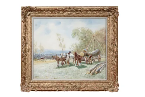 John Atkinson, Summer Logging with Heavy Horses, watercolour