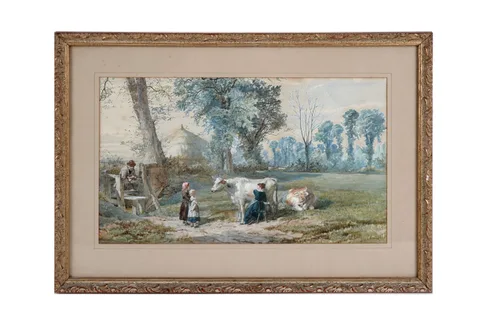 Walter Goodall, Milking the Cows, watercolour