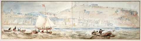James Wilson Carmichael, Scarborough, Sketched in a Boat, watercolour and ink across two pages of a sketchbook