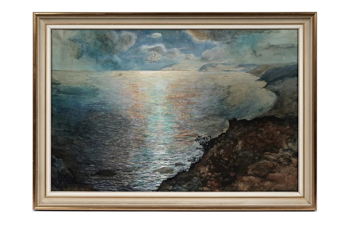 Bertram Walter Dumbleton, View of a Cape with a Boat, watercolour and gouache