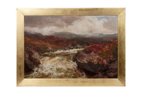 John Falconer Slater, Misty Highland with heather and stream, oil on board