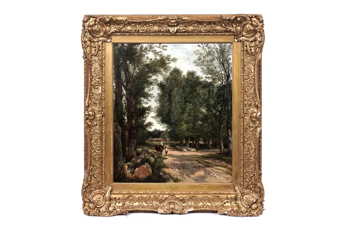 John Mallows Youngman, Working in the dappled shade of a woodland, oil on canvas