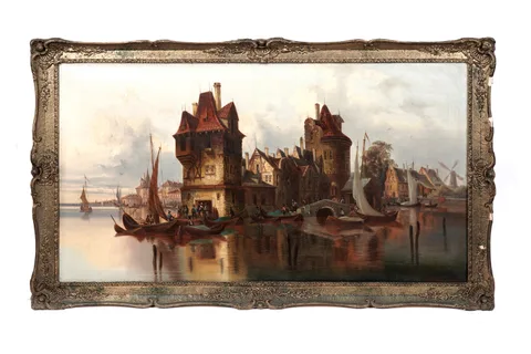Carl Gessnitzer, A Dutch town with boats, oil on canvas
