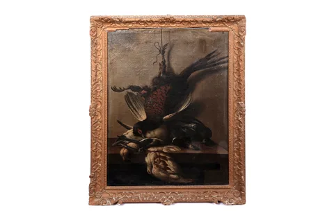 Jean-Baptiste Oudry, A pheasant, a duck, and other game birds on a ledge, oil on canvas