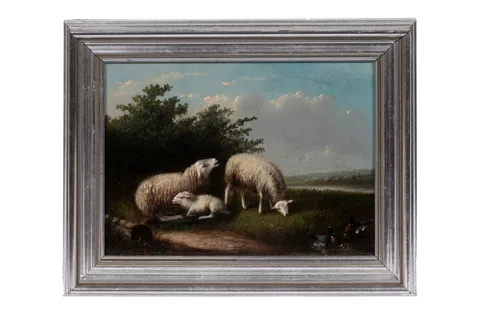 Joseph Van Dieghem, Sheep and ducks by a stream, oil on board