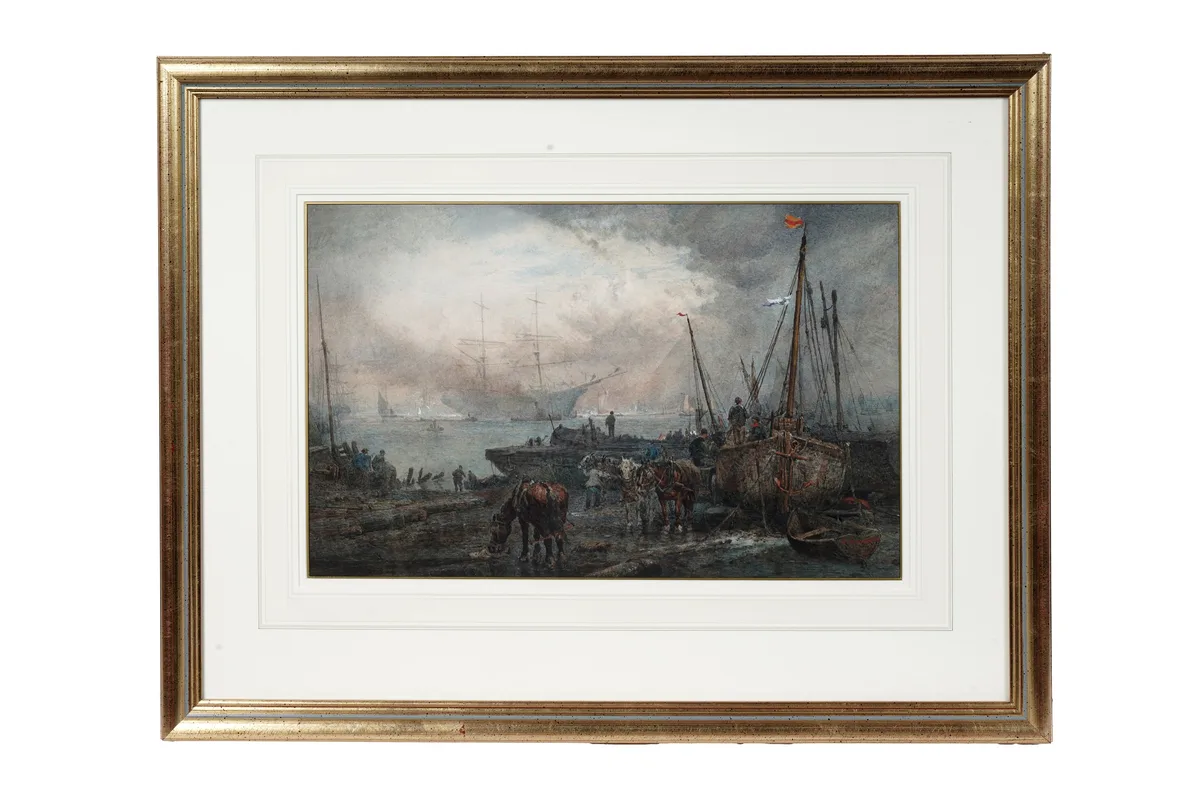 Sidney Goodwin, In the shadows of the dockyards, Southampton, watercolour