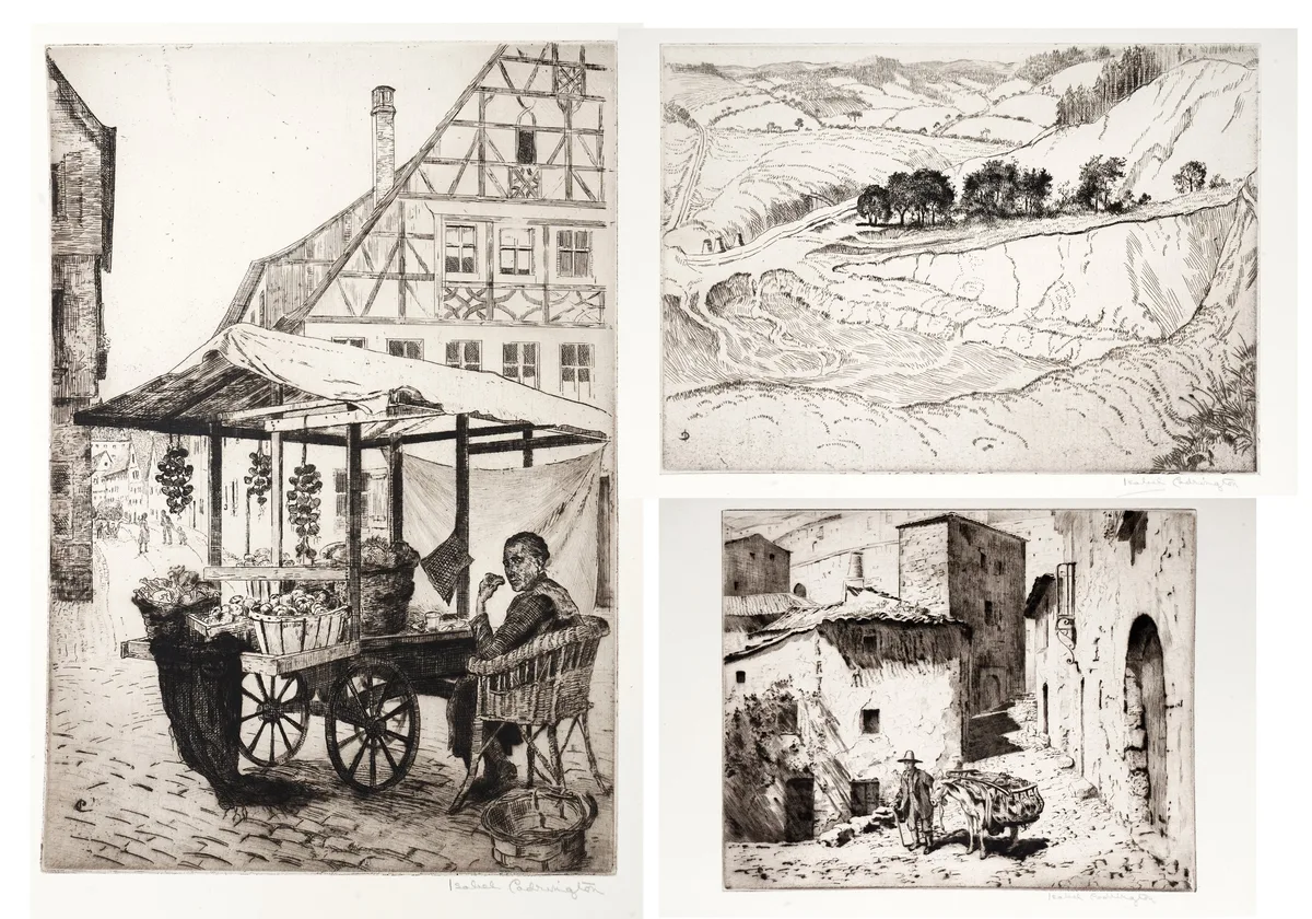 Three studies by Isabel Codrington, "A Street in Spain", "The Vegetable Stall" and "Chalk-Pits from above", sold May 2025
