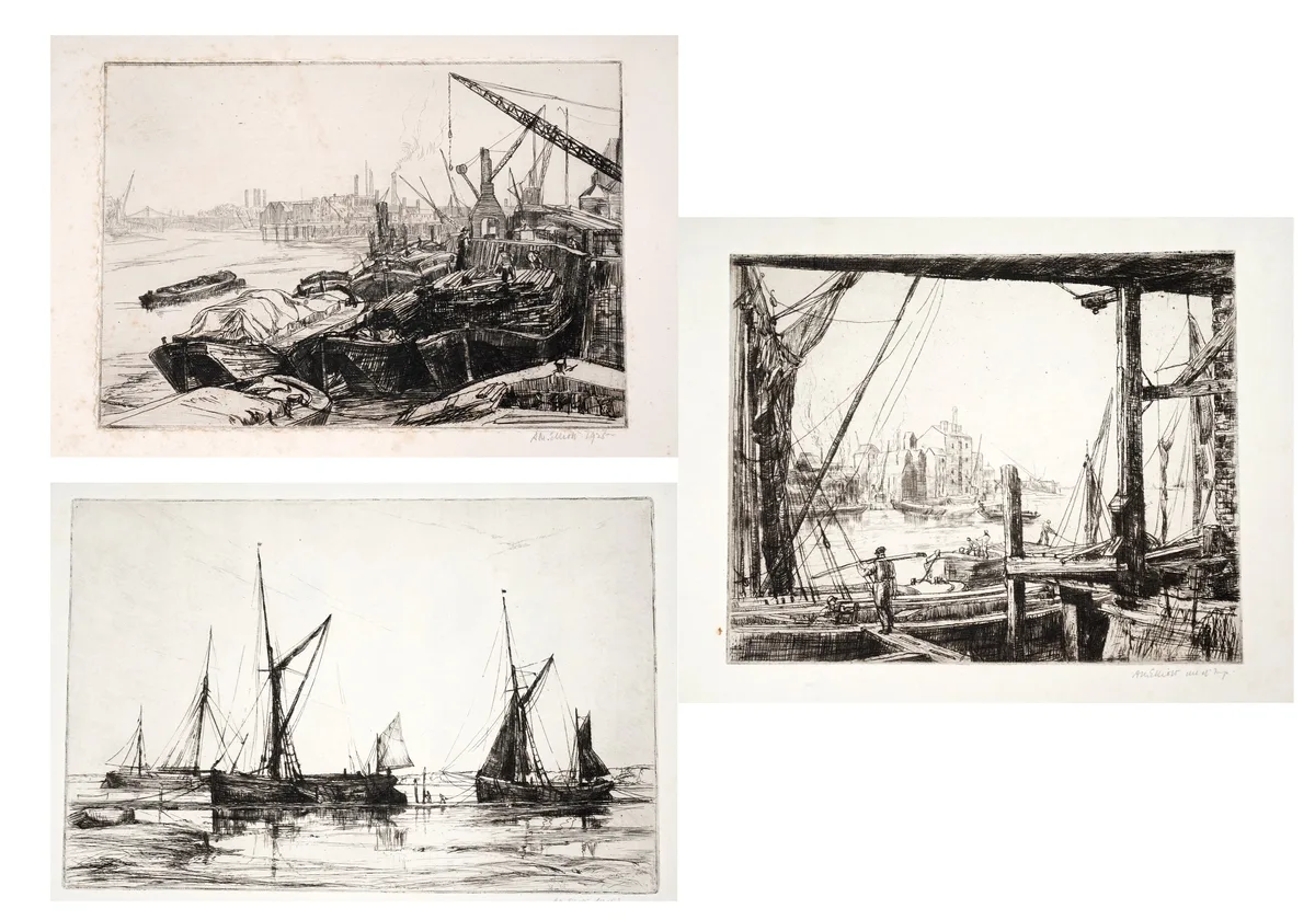 Thames Barges and Quayside Poole by Aileen Mary Elliott, etching, sold May 2025