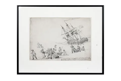 John Thomas Serres, The Wrecking of the Prosperine, original pen and ink sketch for later print