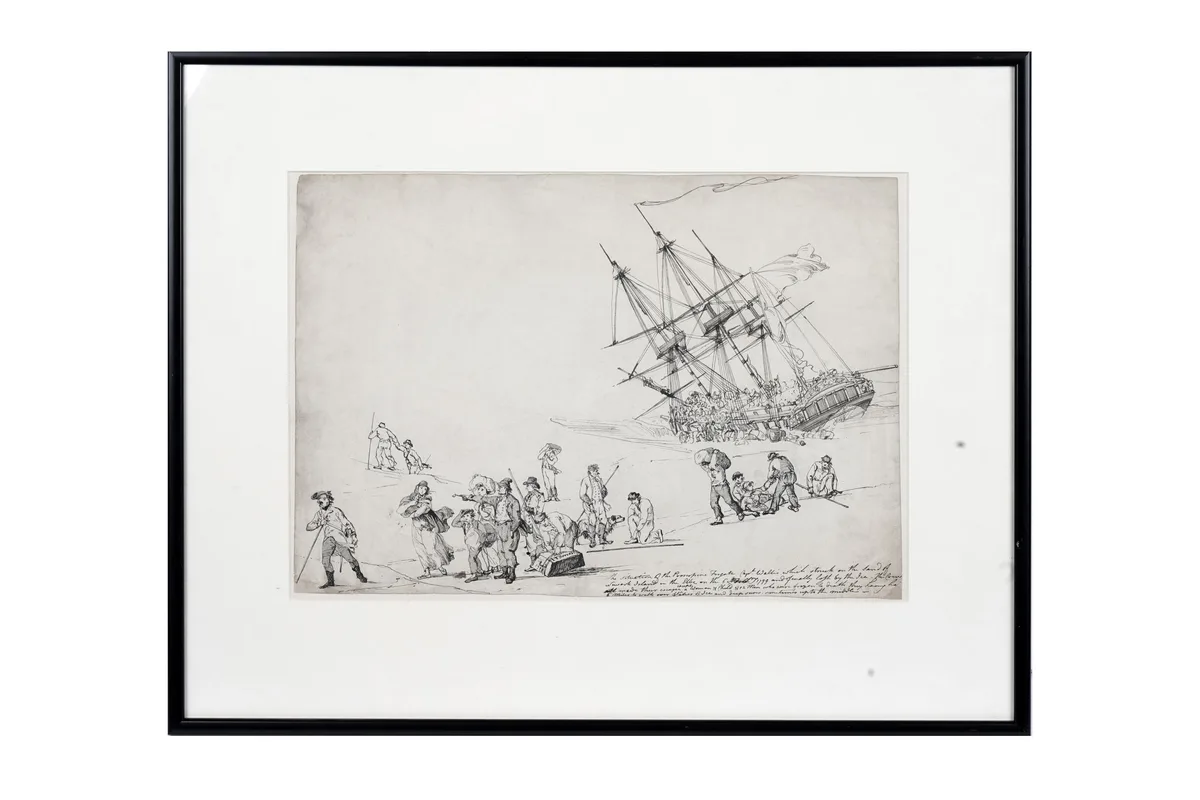 John Thomas Serres, The Wrecking of the Prosperine, original pen and ink sketch for later print