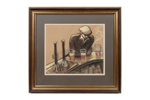 Norman Cornish, Man at Bar, charcoal and pastel on paper