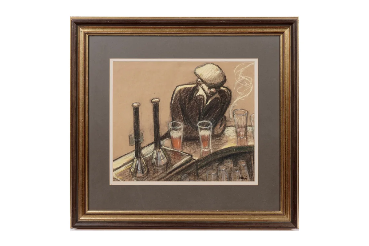 Norman Cornish, Man at Bar, charcoal and pastel on paper