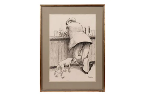 Norman Cornish, Bar Scene, Man with Dog, charcoal on paper