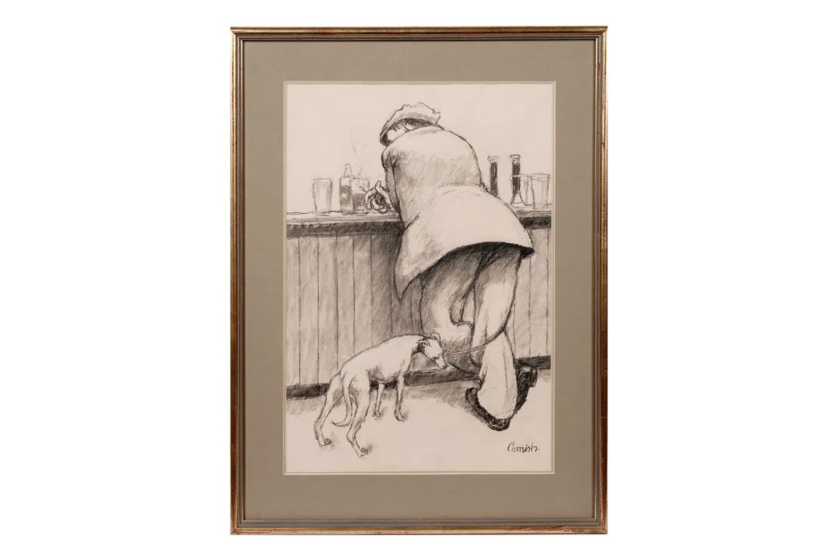 Norman Cornish, Bar Scene, Man with Dog, charcoal on paper