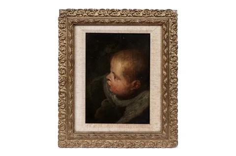 Flemish School, The head of a putto, oil on panel, perhaps a section from a larger work