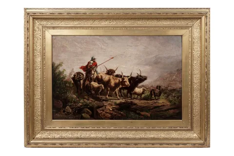 Richard Beavis, Border Reivers Ride Through Cattle, oil on canvas