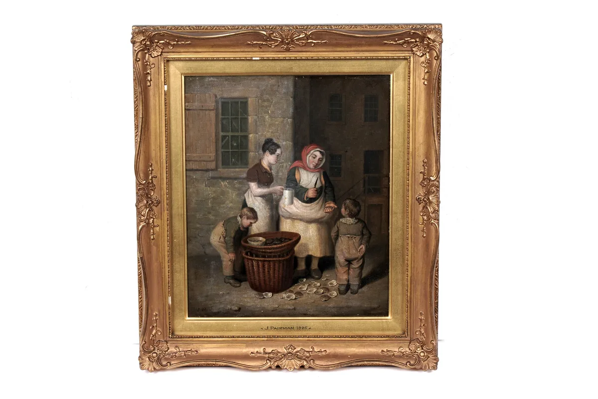 John Pairman, Oyster Shucking, oil on board