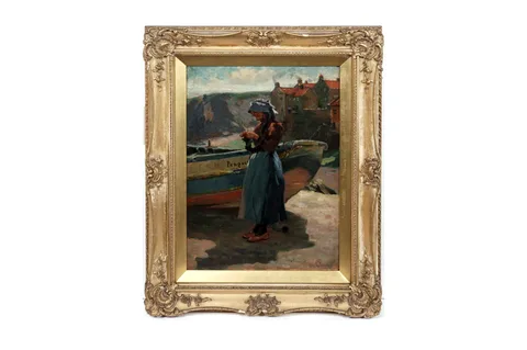 John William Gilroy, A Fisherwoman takes a moment to knit, oil on canvas