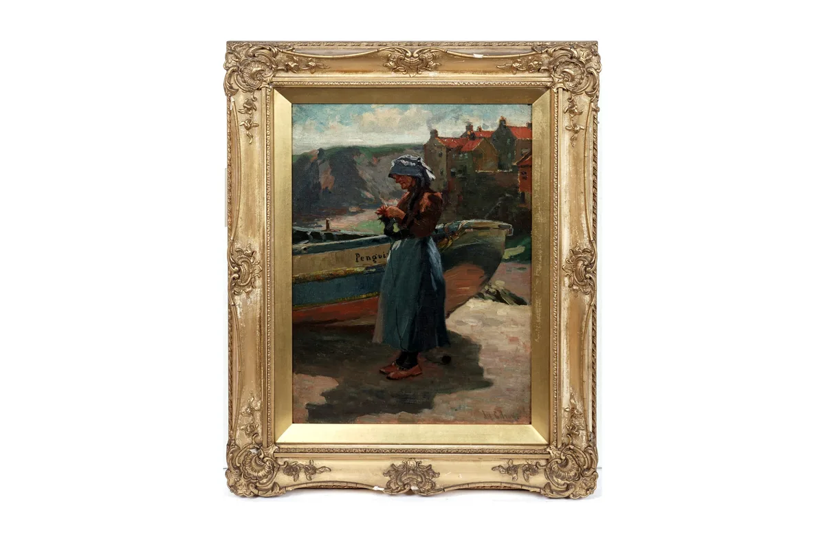 John William Gilroy, A Fisherwoman takes a moment to knit, oil on canvas