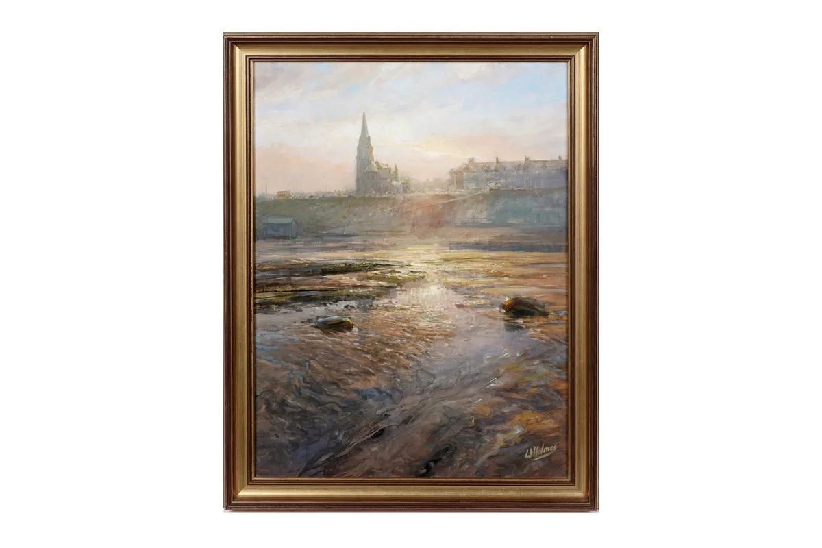 Walter Holmes, Sunset at Cullercoats, oil on board