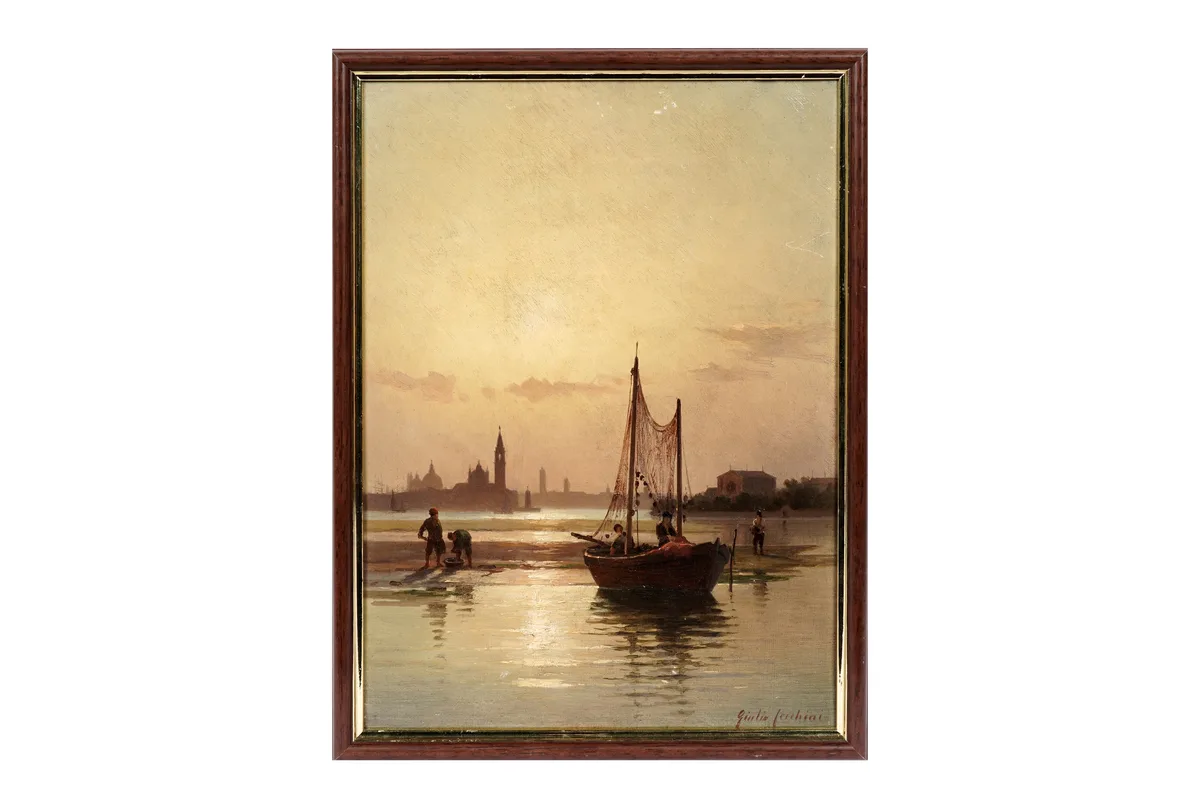 Giulio Cecchini Prichard, Fishermen on the Venetian coast, oil on canvas