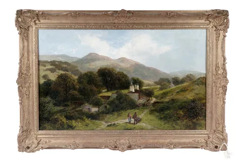 James Peel, Figures by a farmstead in the heart of a verdant valley, oil on canvas