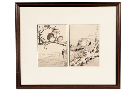 Kōno Bairei, Birds on a branch over the water, woodblock print