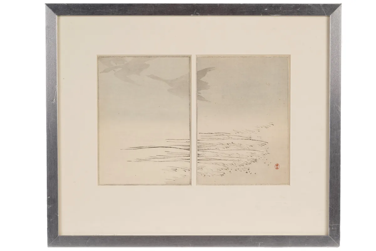 Watanabe Shōtei, Reflection of two birds flying above, woodblock print