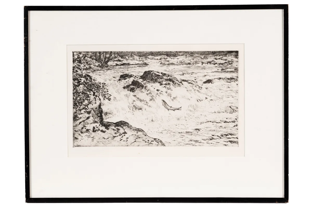 David T. Robertson, Salmon Leap, etching